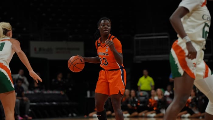 Alexia Smith handles the ball during the Virginia women's basketball game at Miami in Coral Gables, Florida.